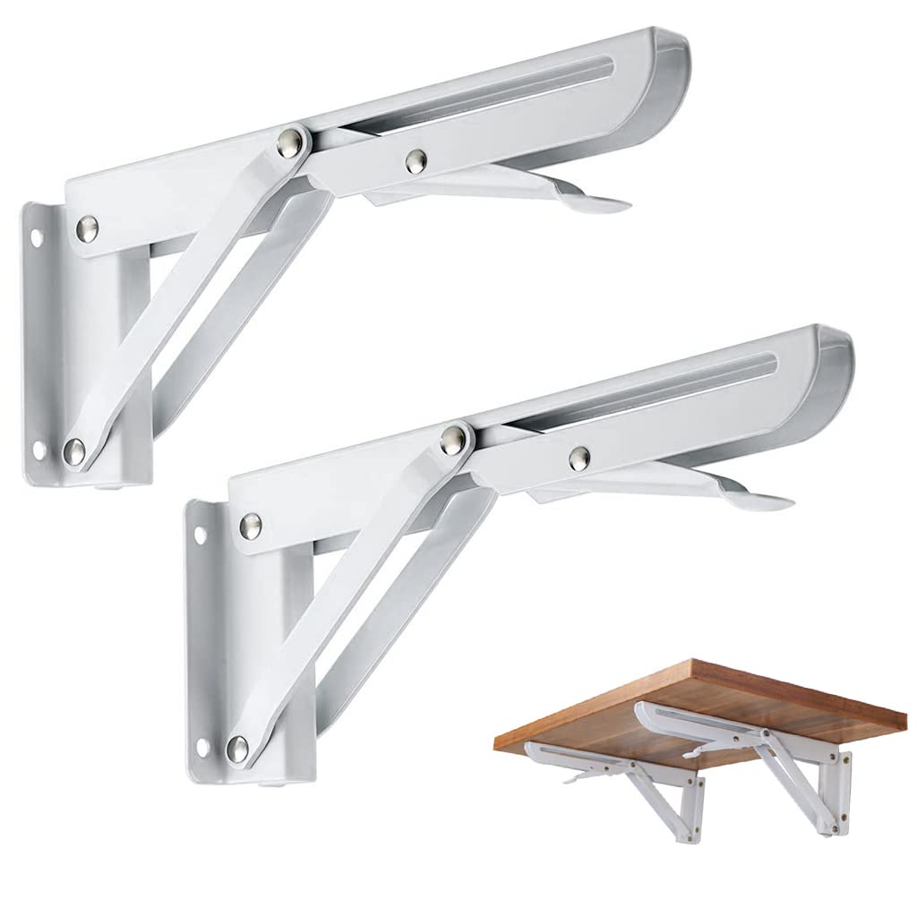 HASTHIP Foldable Shelf Bracket for Wall Shelves with 8 in Arms and Triangle Lock | White Steel 2 Pcs Set