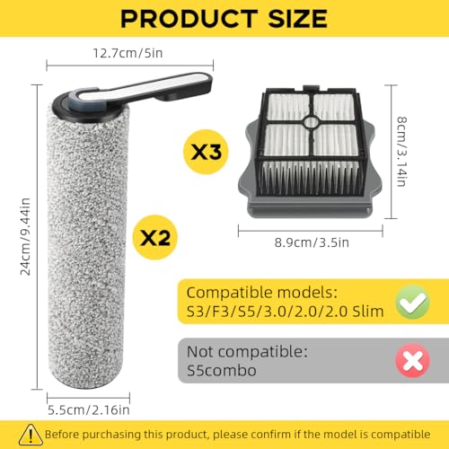HASTHIP® Replacement Brush Roll HEPA Filters for Tineco Wet Dry Vacuum Includes 12PCS Soft Microfiber Use Roll and 4PCS Filters for S3 F3 S5 3.0 2.0 2.0slim