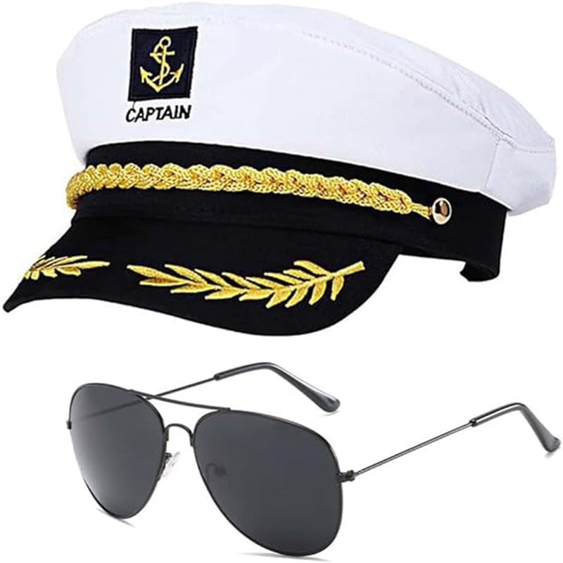 PATPAT® Adult yacht boat sailor captain's costume cap - Admiral's uniform, attire, naval cap, with insignia, and ears of wheat, for both men and women - White
