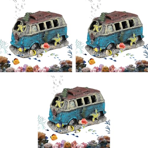 Qpets® Fish Tank Accessories Aquarium Decorative Vintage Resin Old Bus with Hiding Cave Engraving Seaweed Starfish for Fish Shrimp Betta 13x7.5x8CM 3PCS