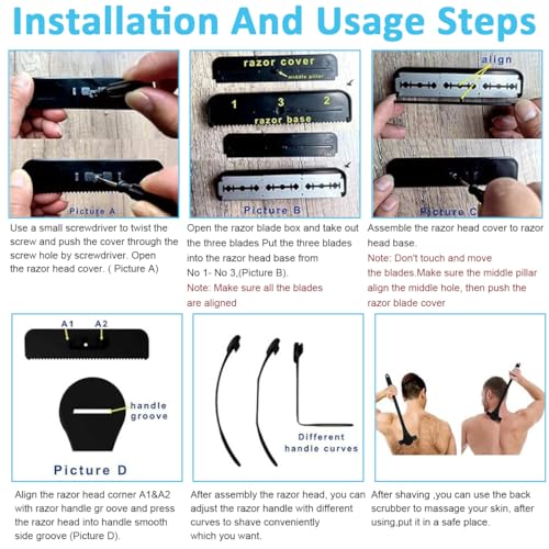 MAYCREATE Back Hair Shaver 18 Inches Long Handle Silicone Back Hair Shaver 2 in 1 Multifunctional Back Hair Shaver with Silicone Scrubber Pad Anti-slip Handle Design, With 5 Stainless Steel Razors
