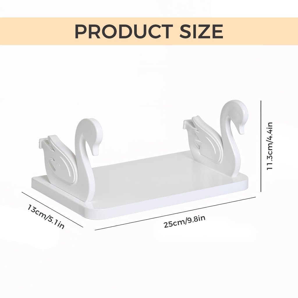 HASTHIP Wall Shelf for Bathroom and Kitchen Storage with Self Adhesive Mount | White Little Swan Design 25x13x2.3cm
