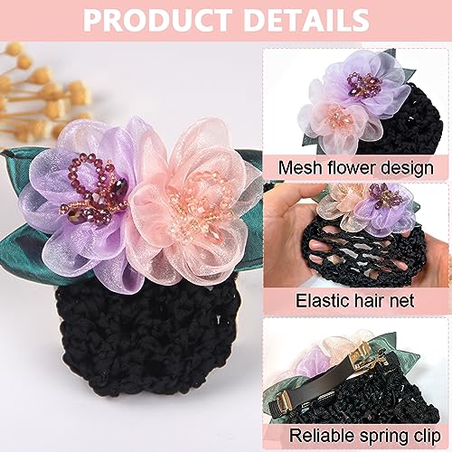 MAYCREATE® Floral Hair Snood Net Barrette Bun Cover Combo, Rhinestone Clip Hairnet for Women, Dancer, Nurse, Girls, Work, Daily Use, Multicolor Accessories for Hair Styling