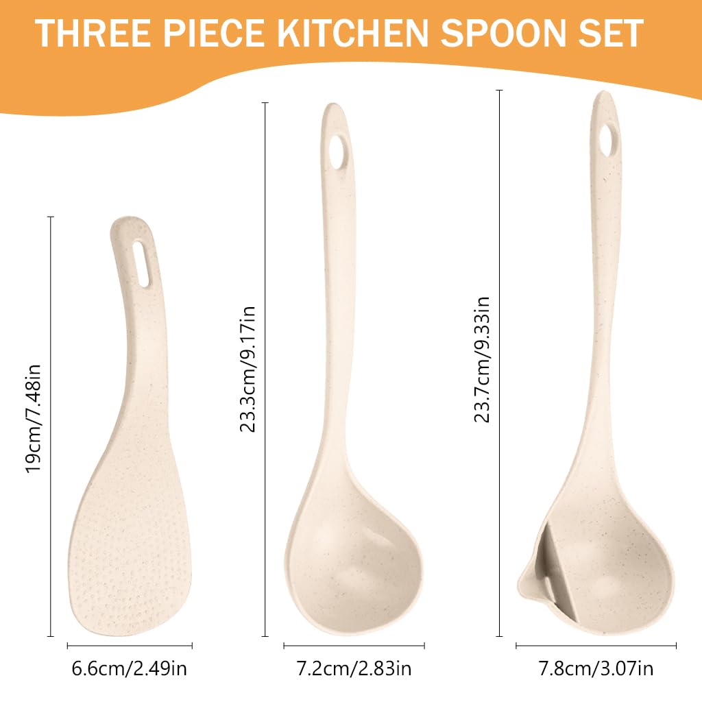 Supvox Kitchen Spoon Set for Soup and Rice 3 Pcs with Grease Separation Design | Wheat Straw