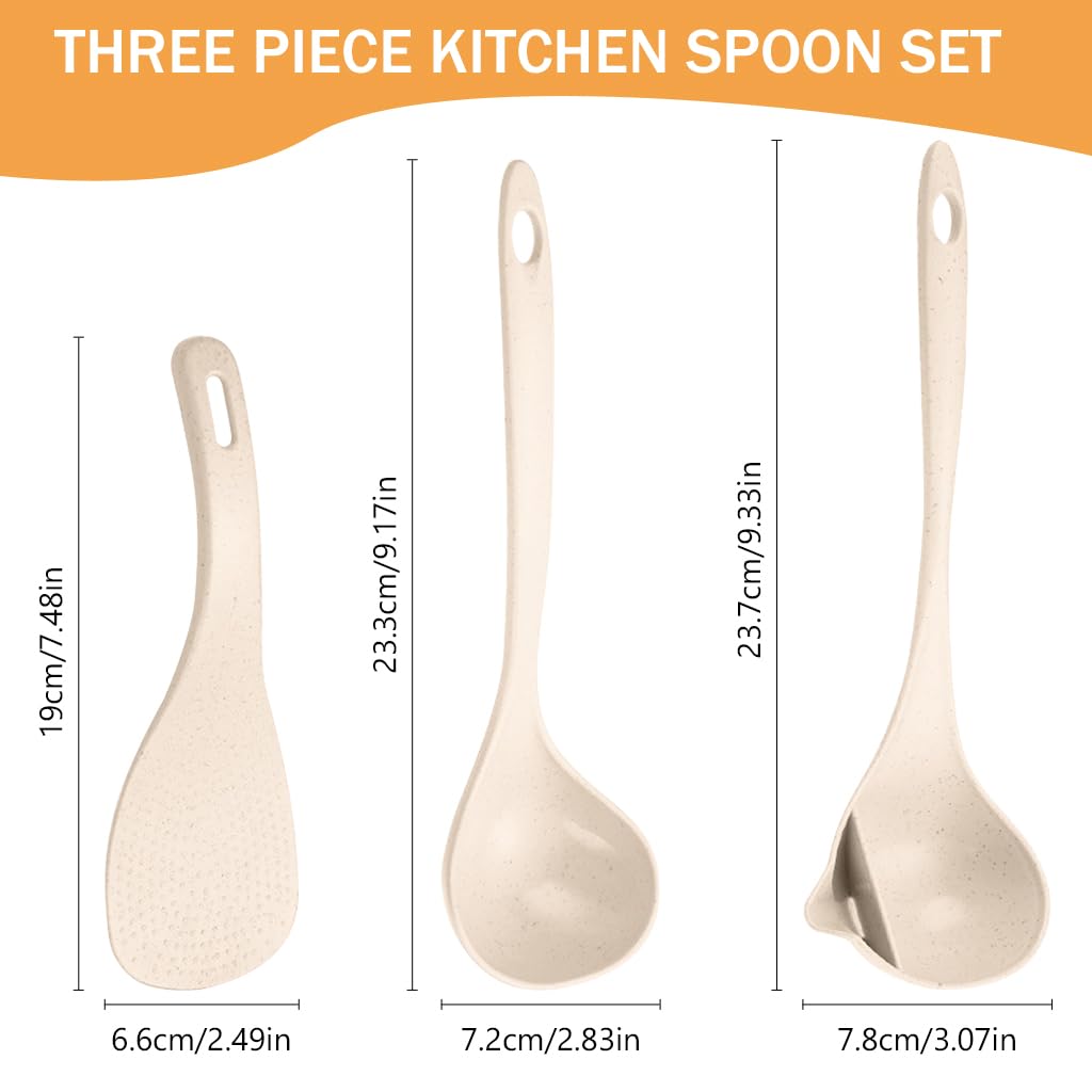 Supvox® Kitchen Soup Spoons Rice Scoop Set of 3 Pcs Rice Scoop Soup Spoon Oil Separation Soup Spoon Foodgrade BPA Free Wheat Straw Heat Resistant Rice Scoop Grease Separation Soup Spoon