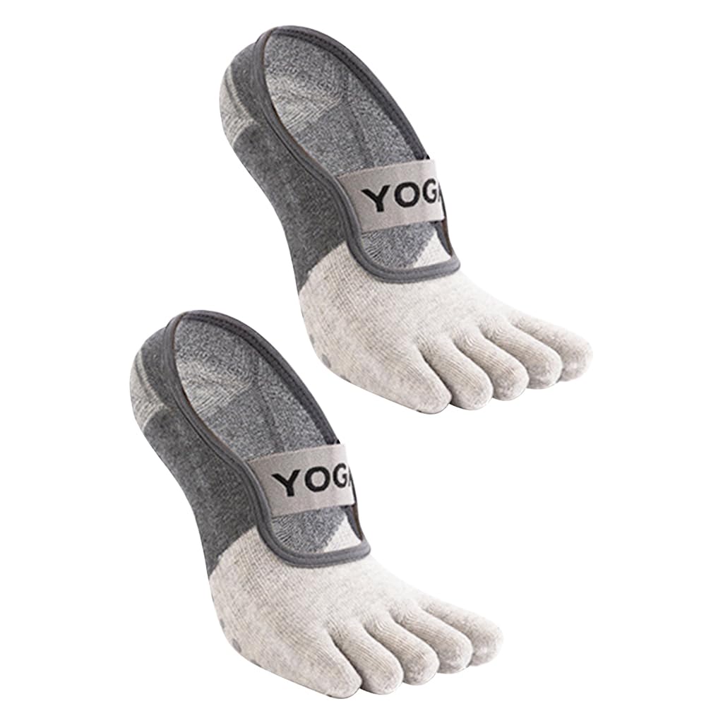 PROBEROS Yoga Socks for Pilates and Barre with 5 Toe Anti Slip Grip and Elastic Straps | Grey Cotton Pair