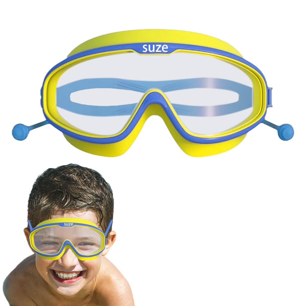 Proberos® Kids Leakproof Anti-Fog Yellow Swimming Goggles With Integrated Ear Plugs - UV Protection Comfortable Fit Adjustable Strap for Boys & Girls Aged 3-16 - HD Clear Vision Swim Eyewear