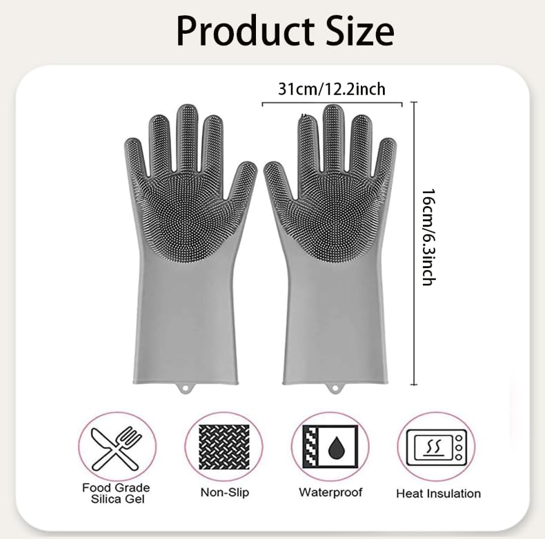Zibuyu Rubber Hand Gloves for Kitchen Cleaning with Non Slip Grip and Soft Silicone Bristles