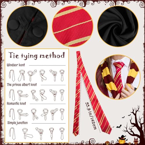 PATPAT® Gryffindor Harry Potter Costume Magic Robe Wizard School Uniform Halloween with Stick Scarf Tie Glasses Accessories for Kids 135-145cm 2 PCS