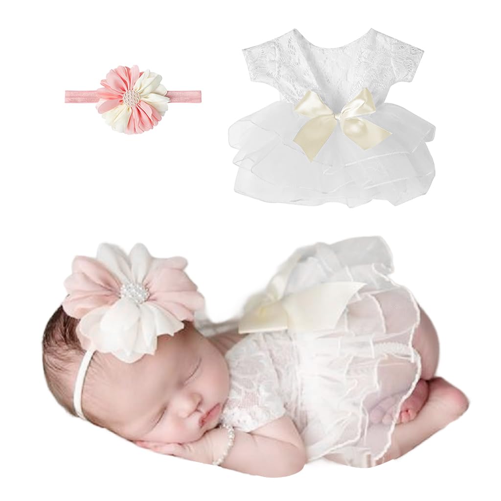 SNOWIE SOFT Photoshoot Props for Baby Girl with Lace Dress and Flower Headband Set | 2pcs