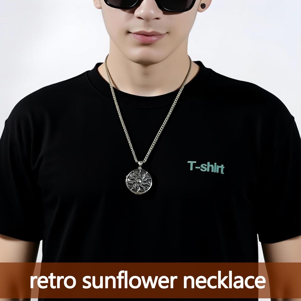 Zibuyu Sun Pendant Necklace with Polished Black Stainless Steel Chain for Men & Women | Vintage Protective Amulet Jewelry