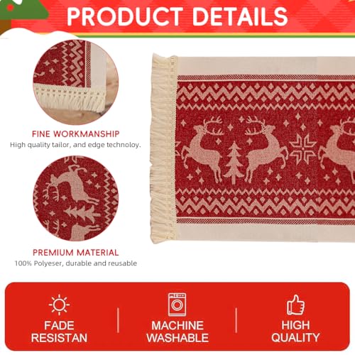 HASTHIP® Christmas Table Runner 35x180cm Festive Red Elk Snowflake Pattern Table Cloth Tassel Edge Design,Waterproof Cotton and Linen Christmas Runner for Party,Gathering