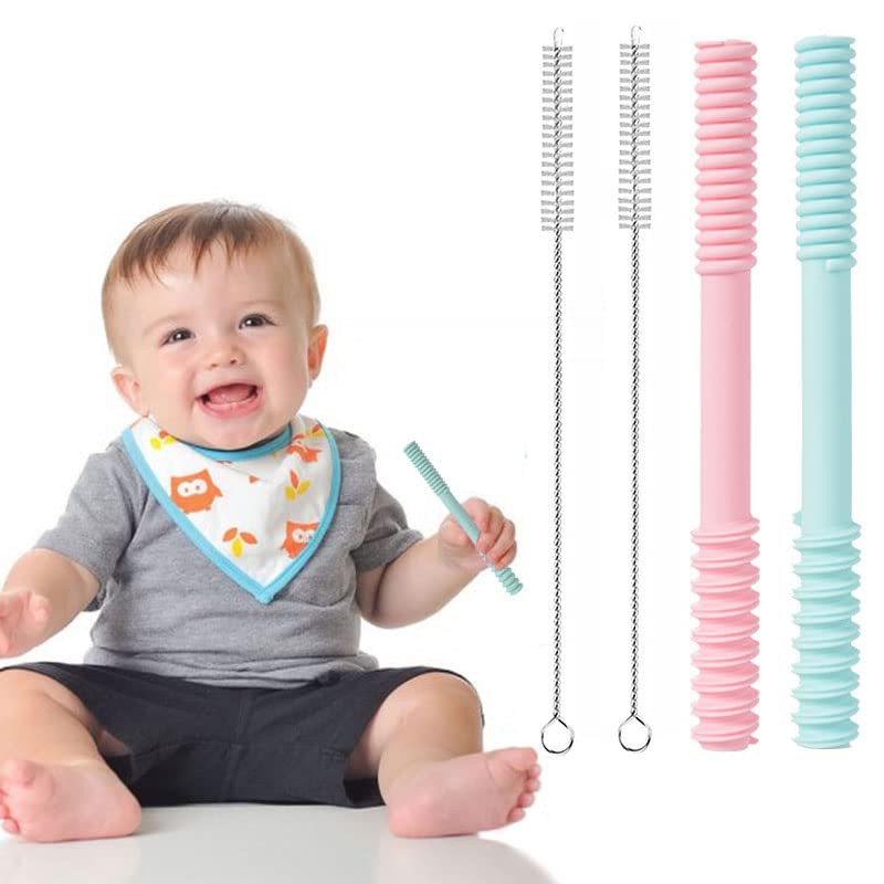 HASTHIP® 2pcs Straw for Baby Silica Gel Straws for Drinking Juice,with Cleaning Brushes, Baby Teether Straw for Baby