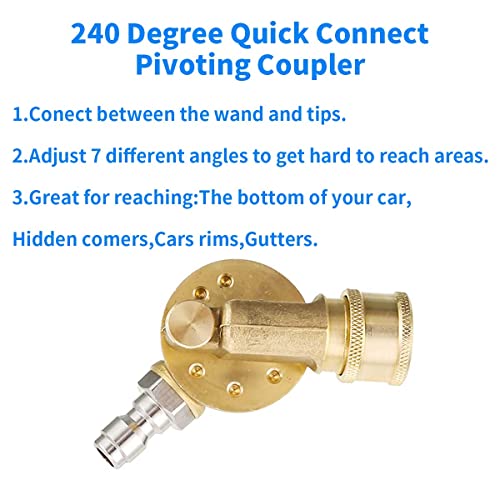 HASTHIP® Heavy Duty 240 Degree Nozzle for Pressure Washers with 7 Angles and Safety Lock, 1/4 Brass Quick Connecting Pivoting Coupler Attachment for Cleaning Hard to Reach Area Max 4500 PSI