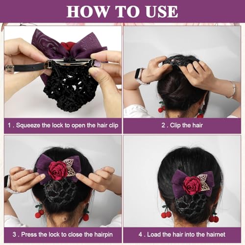 MAYCREATE® Hair Bun Net for Women Floral Barrette Snood Rose Bowknot with Clip Elegant Holder Headpiece Accessories 2 PCS