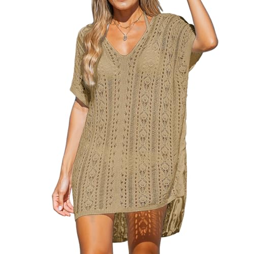 SANNIDHI® Summer Crochet Cover-Up for Women V-neck Boho Beach Cover-Up Stylish Cut-out Loose-fit Summer Top, Khaki
