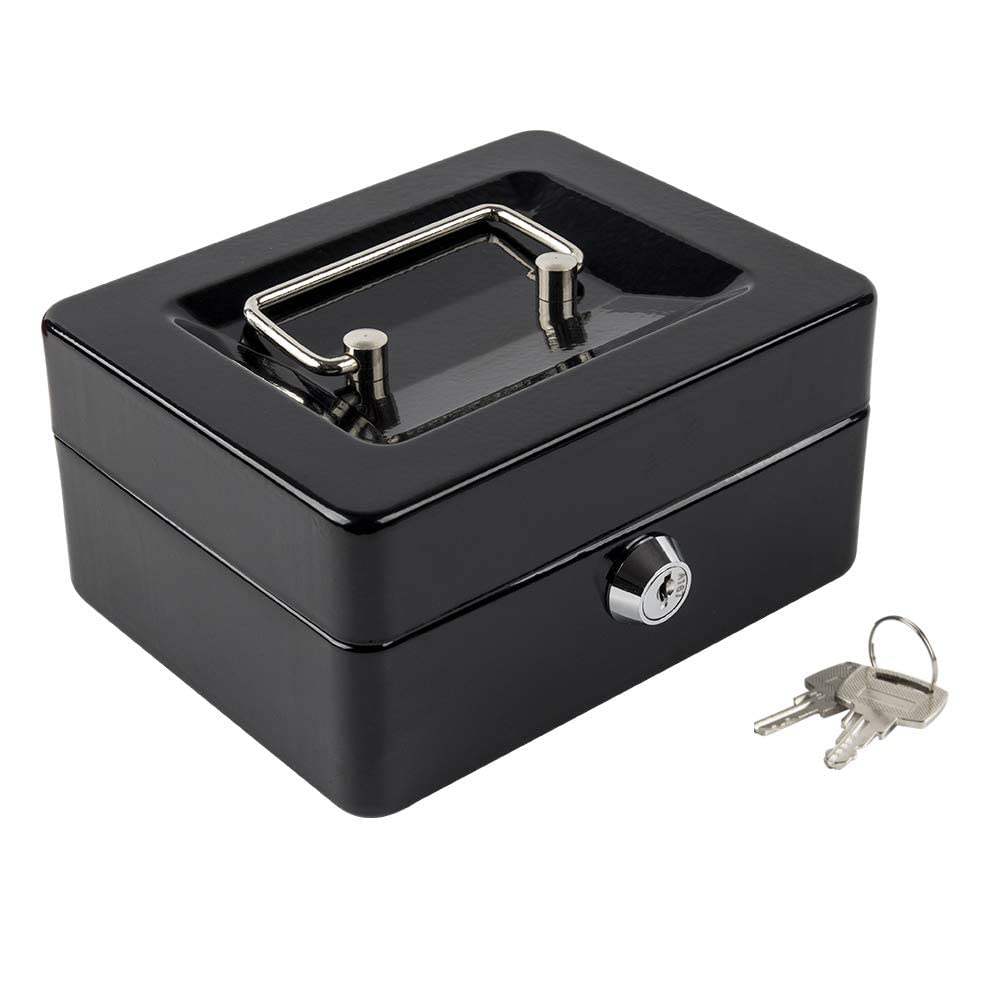 ZIBUYU Cash Box with Lock Portable Coin Box with Keys Money Storage Case Piggy Bank with 6 Compartments, Portable Metal Cash Box with Lock Small Locker Box for Money (4.92 x 3.74 x 2.36 Inch) - Black