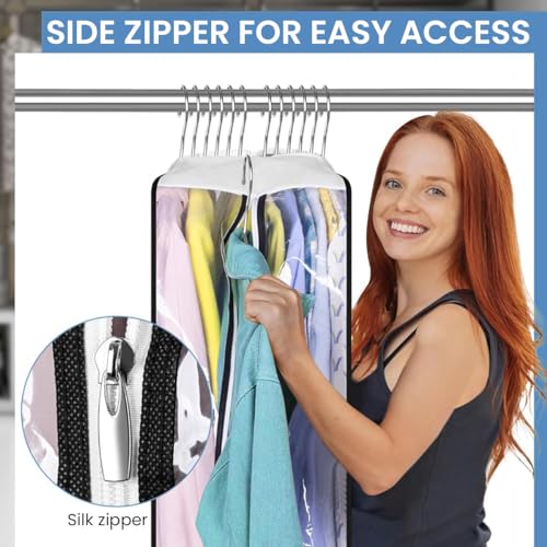 HASTHIP® 6PCS Clear Garment Bags for Hanging Clothes Suit Covers for Clothes, Dust-Proof Wardrobe Storage for Dresses, Sarees, Coats, Large Capacity Transparent Closet Organizer