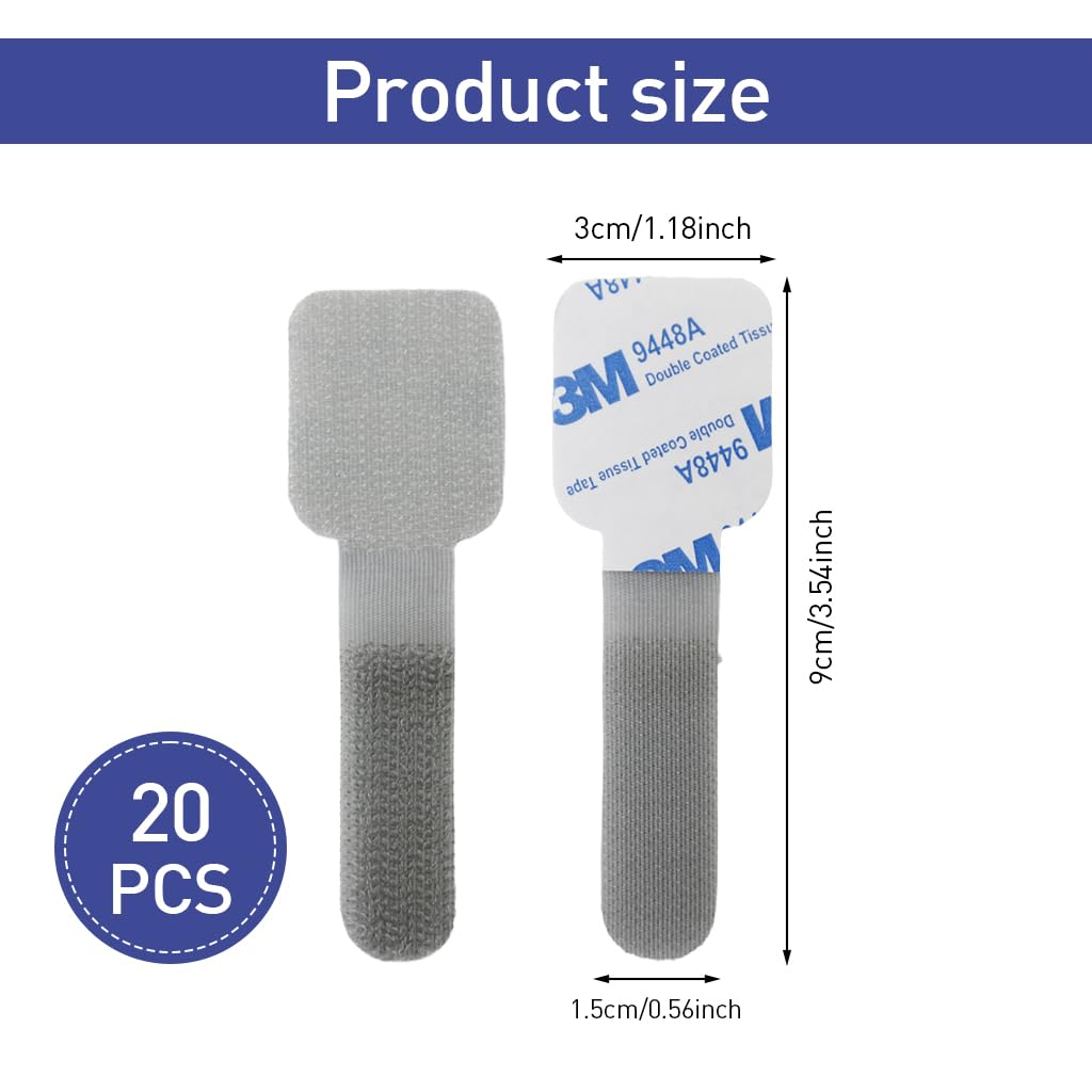 Serplex Cable Ties 20Pcs for Desk and Wall Cord Management with Self Adhesive Hook and Loop | 3.54 in Nylon Organizers