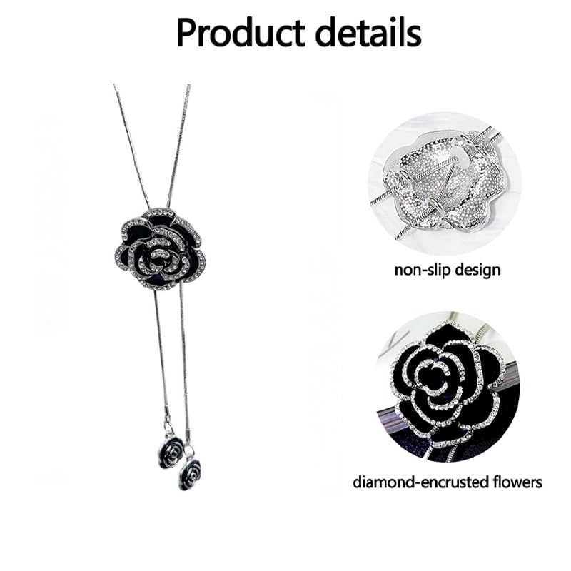 Zibuyu Pendant Necklace for Women featuring Adjustable Camellia Chain with Black Crystal | Elegant Jewelry for Evening and Winter Outfits