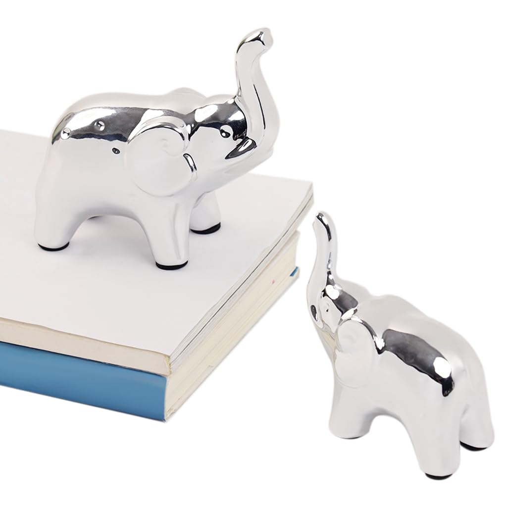 HASTHIP Elephant Statue Pair for Home and Office Decor featuring Silver Finish | 11.5cm and 9.5cm Ceramic Figurines