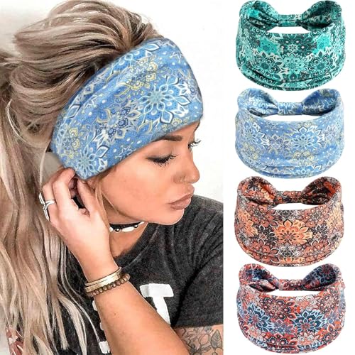 SANNIDHI® 4Pcs Headbands Floral Stretch Head Wraps Bohemian African Turban Hairbands Knotted Bandana Headband Yoga Running Head Scarfs Workout Hair Accessories for Women