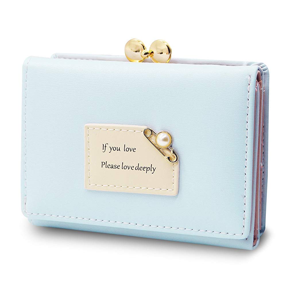 SANNIDHI  Women's Wallet Purses - KQueenStar Leather Wallet Women Credit Card Holder Ladies Purse Clutch Holder Case with Heart-Shaped Metal Buckle Gift (Blue)