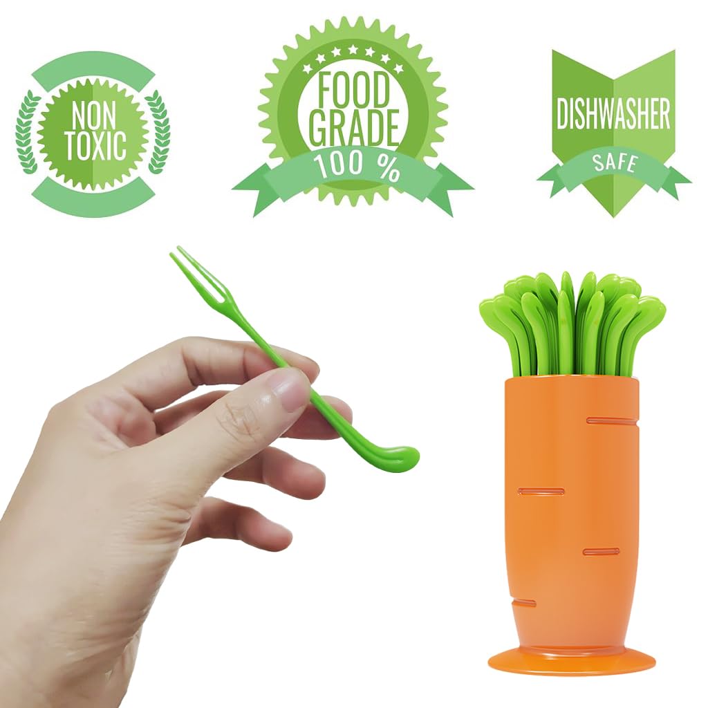 HASTHIP® 30Pcs Fruit Fork for Kids, Creative Cartoonish Carrot Fruit Fork, Little Forks Dessert Forks Mini Cartoon Toothpick for Cake Dessert Pastry Party Supply, Reusable, Food Grade Plastic