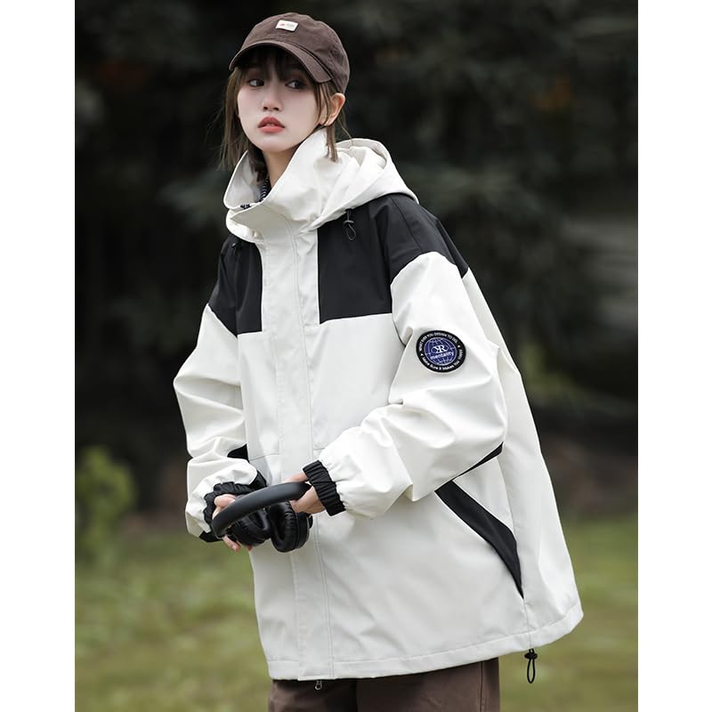 Venzina® Outdoor Hiking Jacket for Women, Splashproof Hoodie with Elastic Windproof Cuffs, Zippered Pockets, Thermal Fashion Patchwork Jacket for Hiking & Urban Commute, Light Khaki-L