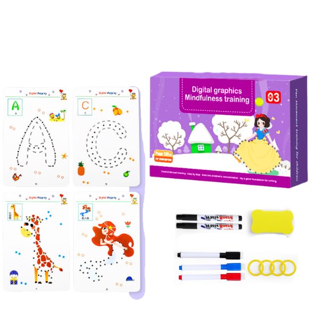 SNOWIE SOFT® Kids Dot to Dot Training Book,136 Training Flash Cards,Connect the Dots Cartoon Graphic Painting Book Reusable Dry Erase Practice with 6 Color Markers Sponge Eraser Binder Ring