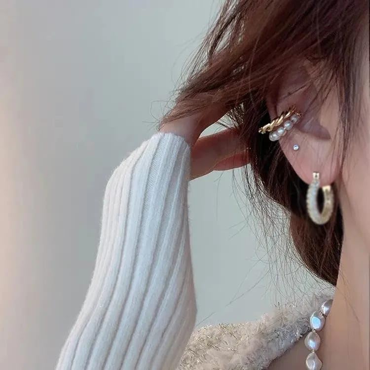 Zibuyu Pearl Braided Ear Cuffs for Women featuring Twisted Gold Layer | 3PCS Non Piercing Jewelry