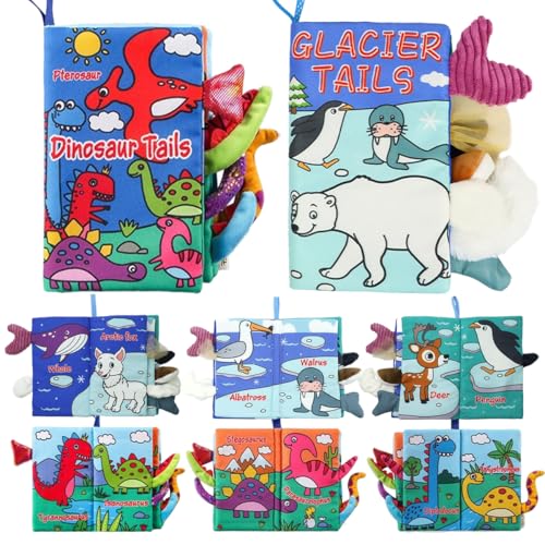 SNOWIE SOFT® Dinosaur Theme Cloth Books for Babies 0 to 3 Years, Sensory Books for Babies 6-12 Months, Built in Rustling Sound, Montessori Activities Touch Feel Infant Waterproof Book for Travel