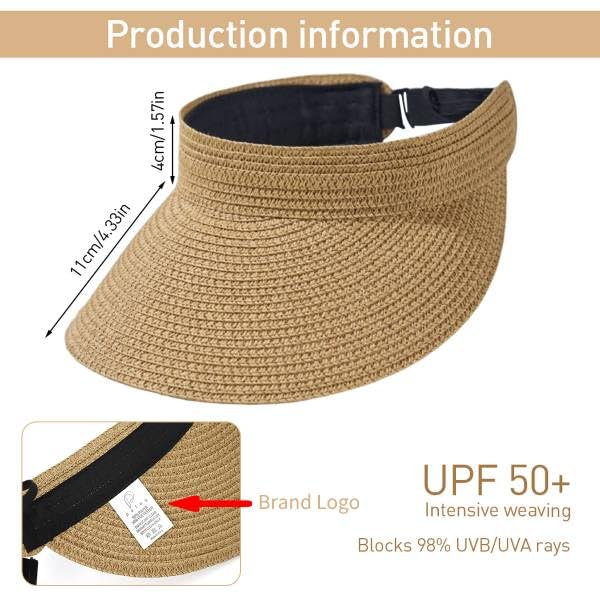 PALAY Womens Sun Visor Hat for Summer Travel with Adjustable Strap and UPF 50+ Straw Design | Khaki Beach Style