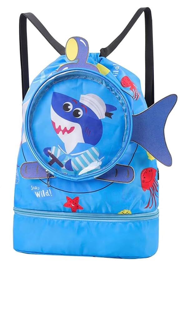 PALAY® Swimming Bag for Kids Cartoonish Print Shoulder Bag for Kids Large Capacity Backpack for Girls Boys Wet Dry Separation Drawstring Bag Beach Bag for Clothes, Swimming Goggles, Shoes, Blue