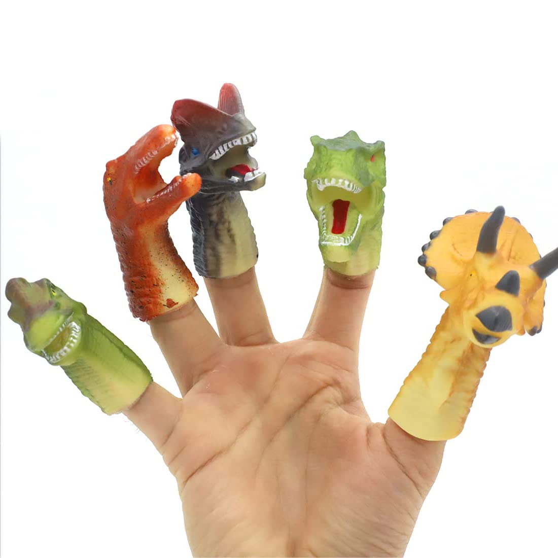 PATPAT Dinosaur Toys for Kids, 5 Pcs Dinosaur Finger Puppets for Kids, Soft Vinyl Dinosaur Head Finger Toys, Animal Hand Puppet Bulk Birthday Party Supplies Favors Decorations Gifts for Boys Girls 3+