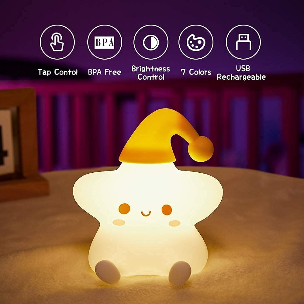 Verilux Night Light for Kids Bedroom with 7 Colour Changing Silicone Star Lamp | USB Rechargeable Baby Bedside Gift