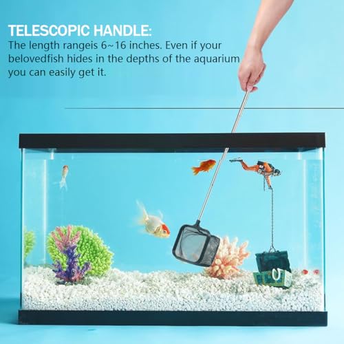 Qpets® Fishing Net 3.1X3.1 Inch Small Aquarium Fish for Betta Tank 18 Inch Stainless Steel Retractable Handle Square Catching 3PCS