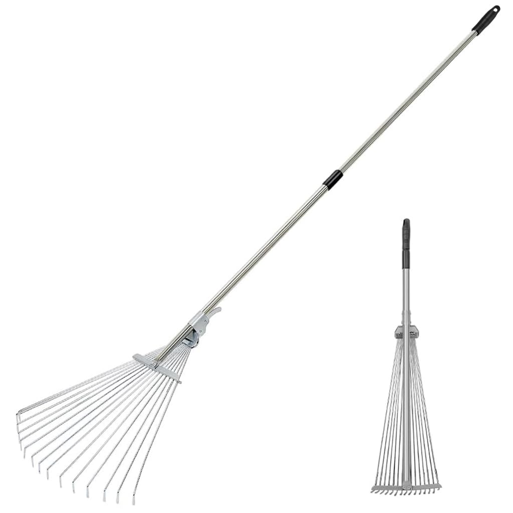 HASTHIP® Retractable Garden Leaf Rake - Foldable Gardening Rake for Leaves - Garden Metal Thatch Rake - Heavy Duty Rakes for Lawns with Expandable Head 20-65CM - Grass Rake for Lawn, Yard, Beds