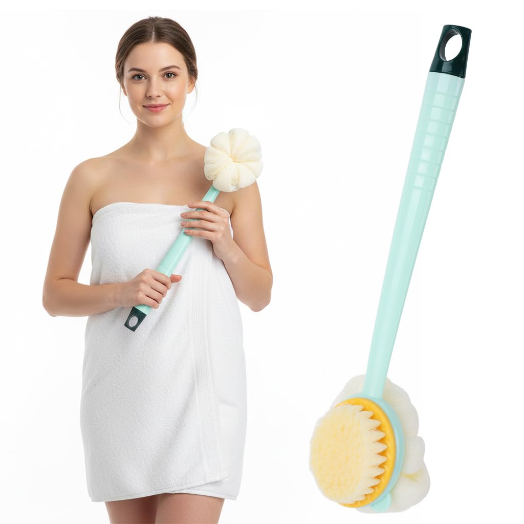 MAYCREATE Bath Back Scrub Brush with Dual Sided Puff and Textured Exfoliating Surface | Ergonomic Long Handle for Women and Men