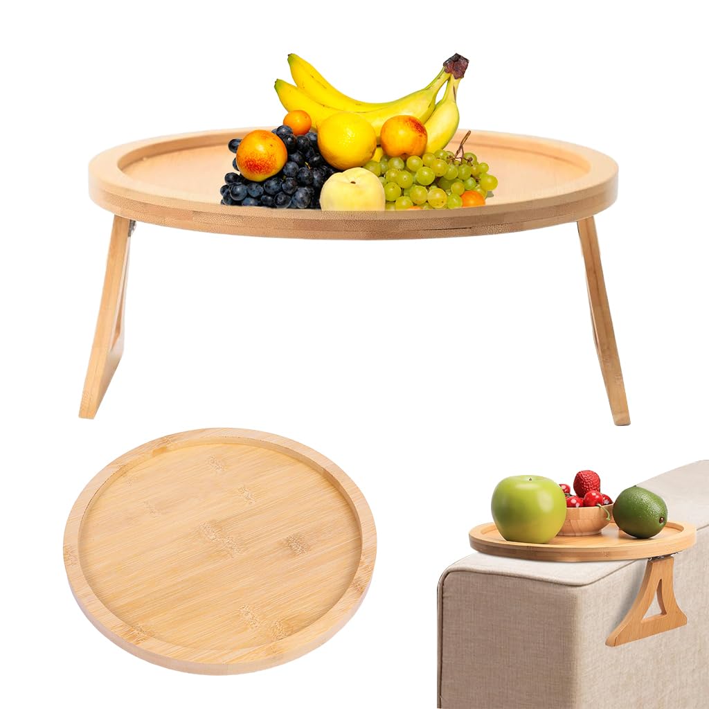 HASTHIP Sofa Armrest Wooden Tray for Snacks and Work with 25cm Dia Foldable Stand | Natural Bamboo Table