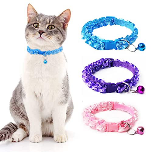 ZIBUYU® Cat Collars with Bell Lace Edge Pet Collar with Bell Adjustable Cat Collar with Quick Release Buckle Neck Collar for Cats (7.87 inch to 13.38 inch) - 3 Pcs