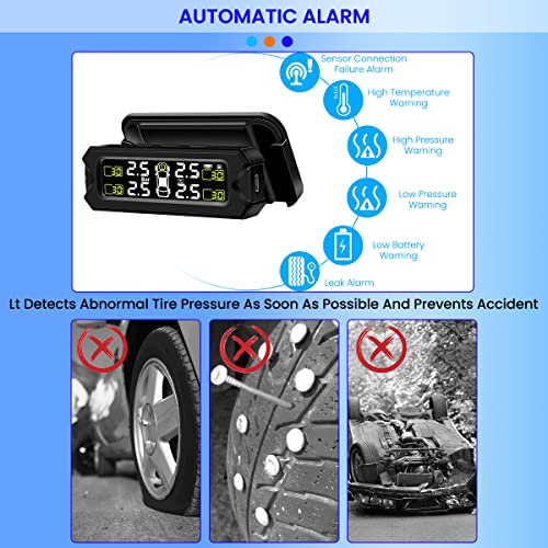 STHIRA® TPMS Tyre Pressure Monitoring System with Alarm LCD Display Detachable Bracket 14-87Psi Wireless Data Transmission Adjustable Installation Angle with 4 External Sensors, Solar/USB Charging