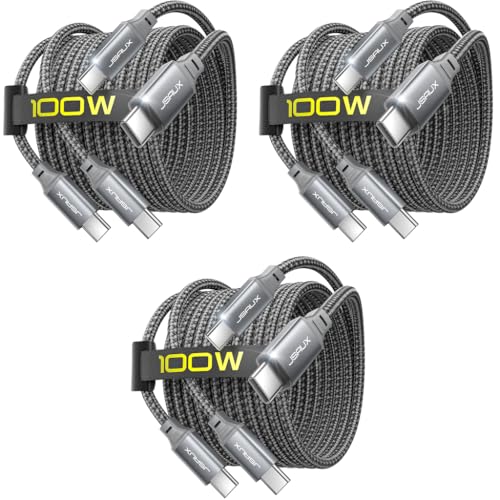 JSAUX® 2-Pack 100W 5A Type C To Cable Fast Charging 6.6Ft 2M Braided Usb 480Mbps Data Sync for iPhone 16 Plus Pro Max 15 Galaxy S24 S23 MacBook iPad Pixel Grey 3PCS