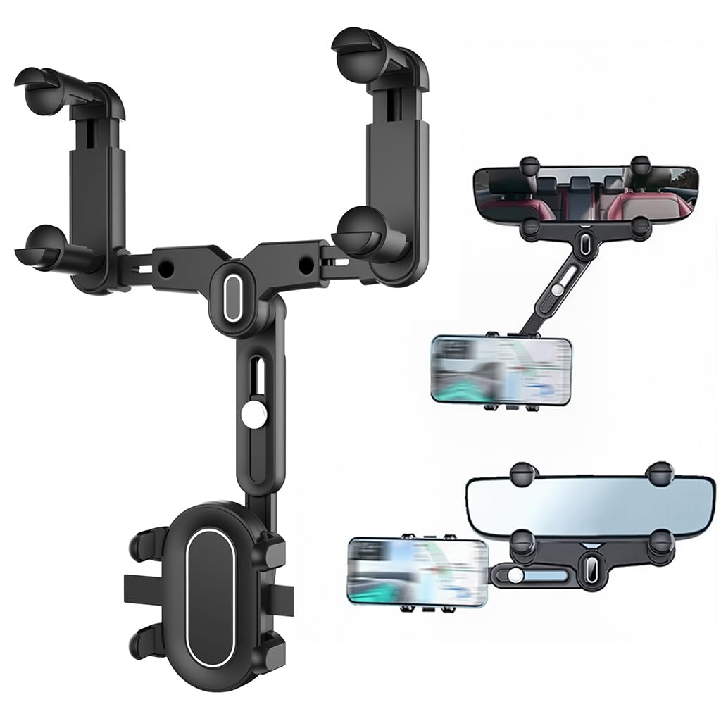 STHIRA Rearview Mirror Phone Holder for Car with 360° Rotation and 4-Claw Grip | Retractable Arm