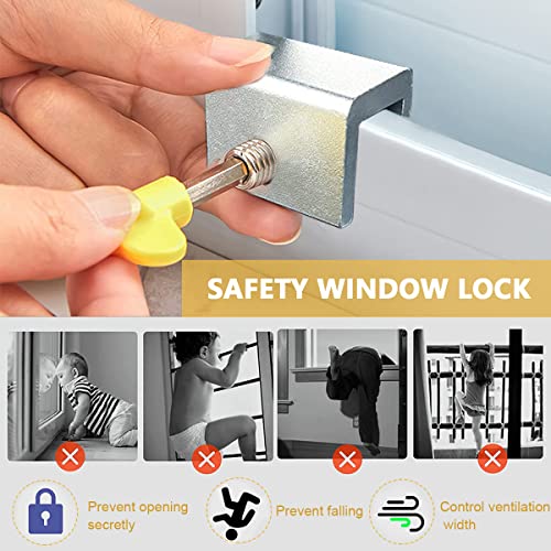 SNOWIE SOFT® 8pcs Sliding Window Locks, Security Window Lock Aluminum with Key, Window Stoppers for Slide Door, Adjustable Security Locks, for Kids Room Hung Security Lock Stoppers