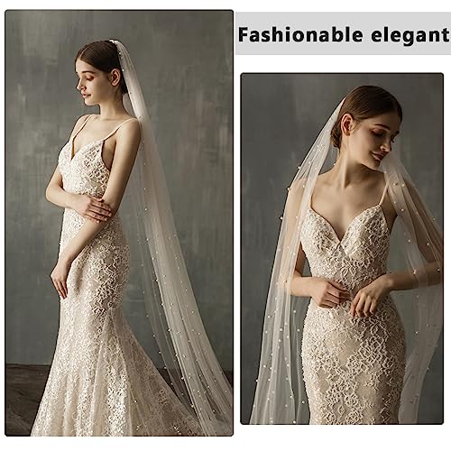 PALAY® Women's 2.3M Lace Veil For Bride Adorned With Pearls Cowl Pure White Wedding Hair Accessories Headwear 2PCS