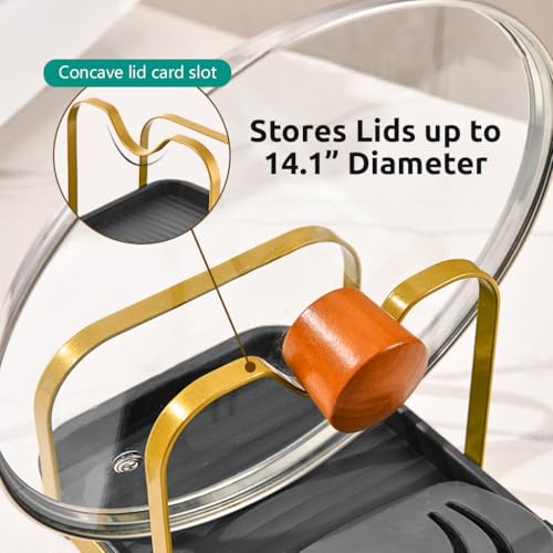 HASTHIP Pot Lid Holder with Detachable Grooved Drain Tray Multi Purpose Metal Dual Golden Black Kitchen Organizer Holder for Pot Lids, Spoon, Spatula, Tableware, 20x13.8x11.5cm