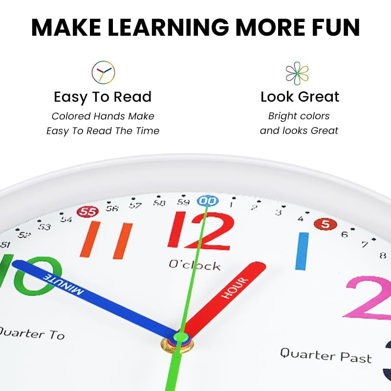 HASTHIP Silent Kids Wall Clock for Teaching Time with Non Ticking Mechanism 8 inch | Colorful Roman Numerals Décor