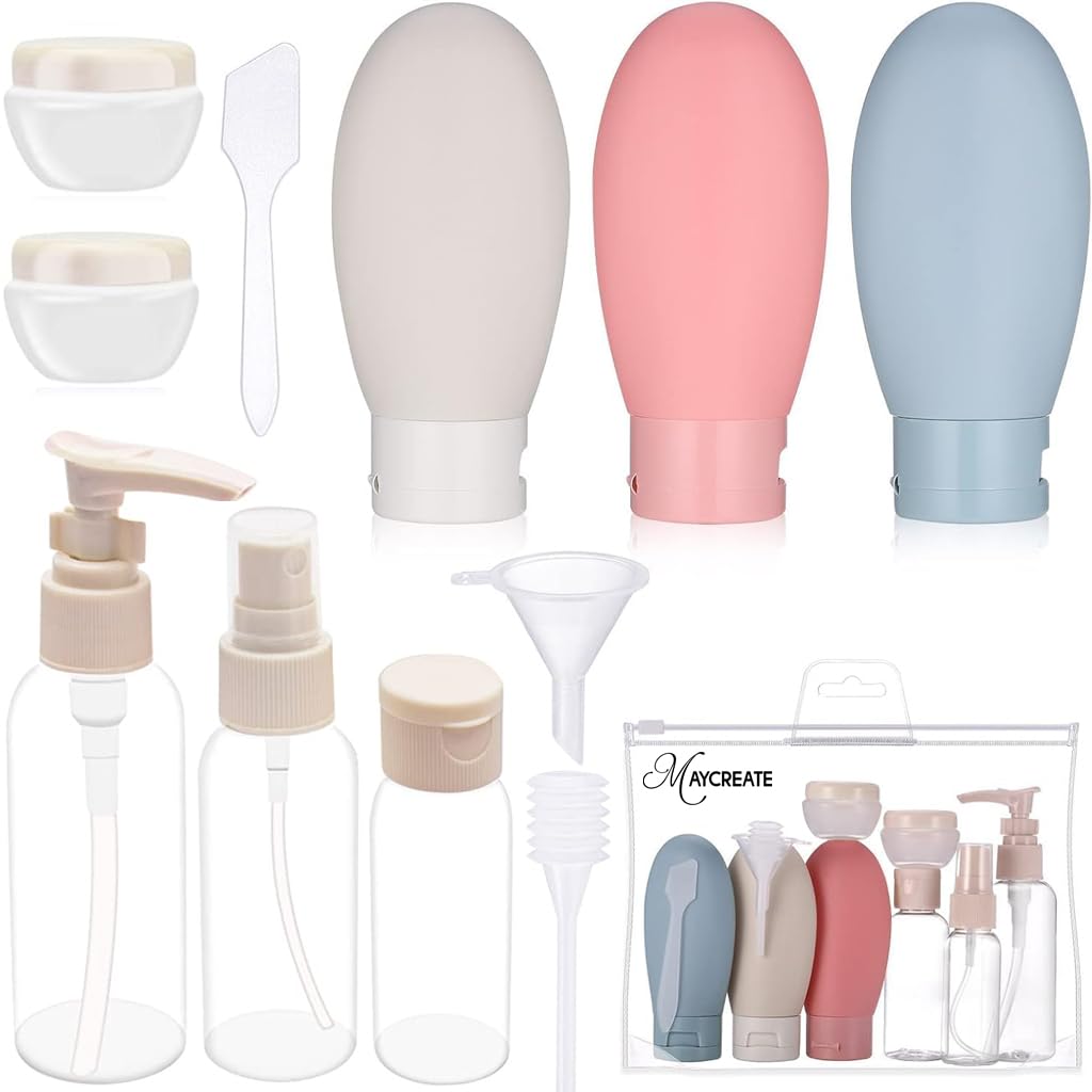 MAYCREATE Travel Bottles Set for Toiletries with 11pcs Refillable PET Containers | Leakproof and Easy to Refill