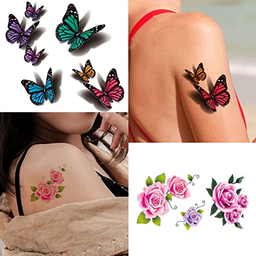 MAYCREATE® 35 Sheets Temporary Tattoos Sticker for Women Men Waterproof Tattoo Sticker Flowers Temporary Tattoos Stickers Roses Butterflies Assorted Tatto Sticker for Body Art Tattoos Multi